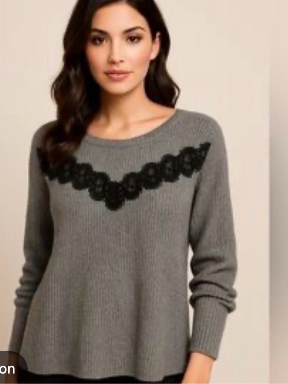 ELLE Cream Crewneck Sweater with Black Lace Accent size medium